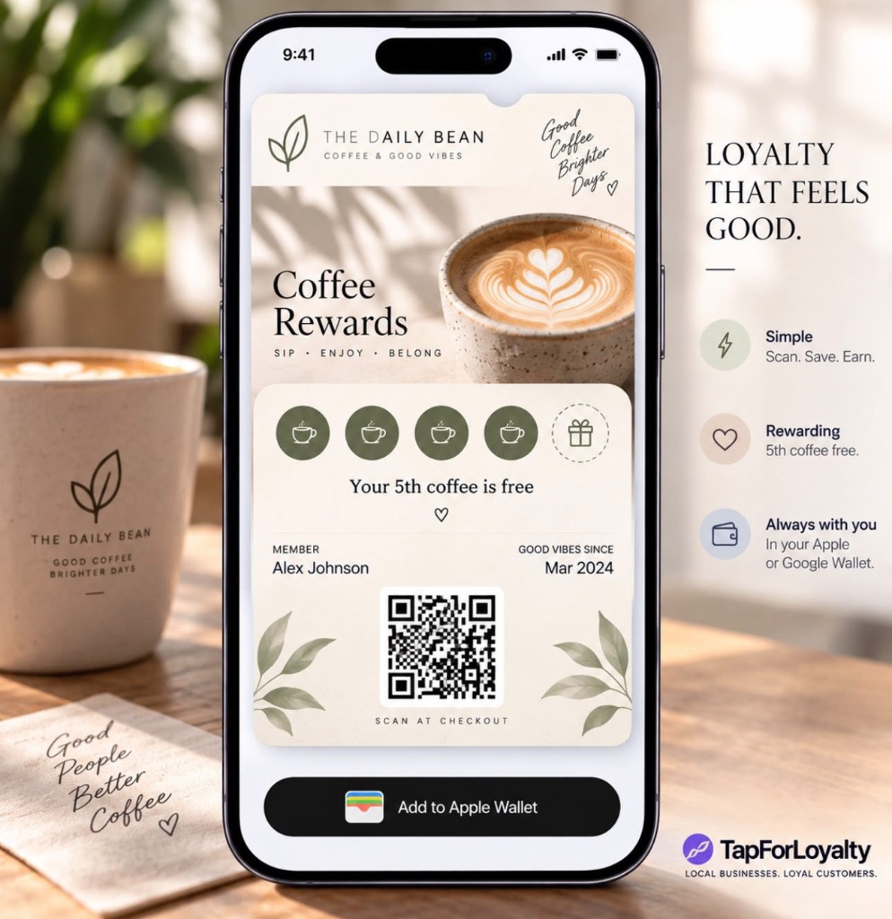 TapForLoyalty coffee rewards card on a phone, ready to add to Apple Wallet or Google Wallet